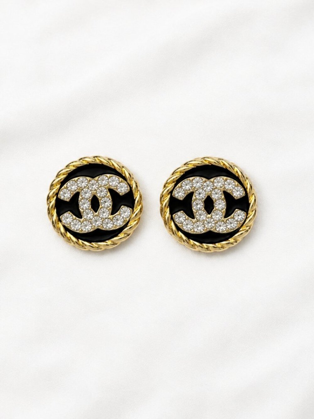 Authentic Vintage Chanel CC Black, Gold Tone, Rhinestone clip on Earrings